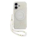 iPhone 17 Guess IML Bloemen Allover Electro Hoesje met Parelband - MagSafe Compatibel - Wit