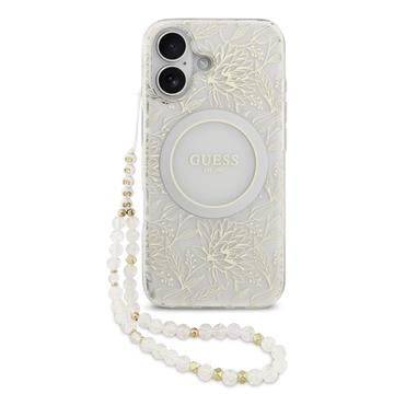 iPhone 17 Guess IML Bloemen Allover Electro Hoesje met Parelband - MagSafe Compatibel - Wit