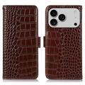 iPhone 17 Pro Crocodile Series Wallet Leren Hoesje met RFID - Bruin