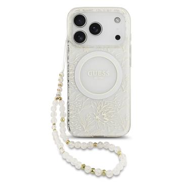 iPhone 17 Pro Guess IML Bloemen Allover Electro Hoesje met Parelband - MagSafe Compatibel - Wit
