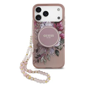iPhone 17 Pro Max Guess IML Flowers Hoesje met Parelrand - Roze