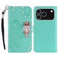iPhone 17 Pro Max Uil Strass Portemonnee Hoesje - Cyan
