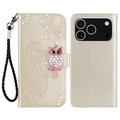 iPhone 17 Pro Max Uil Strass Portemonnee Hoesje - Goud