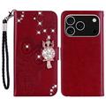 iPhone 17 Pro Max Uil Strass Portemonnee Hoesje - Rood