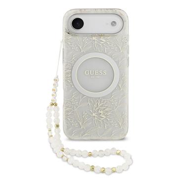 iPhone Air Guess IML Bloemen Allover Electro Hoesje met Parelband - MagSafe Compatibel - Wit