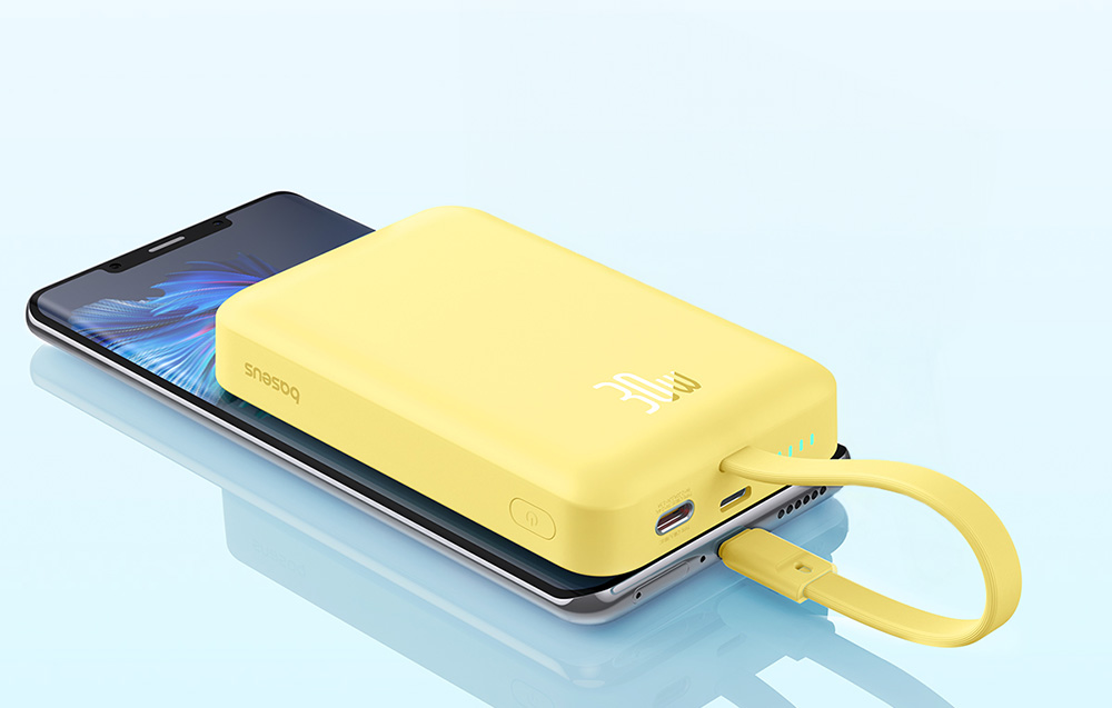 Baseus Magnetische Mini Draadloze Power Bank 10000mAh/30W - USB-C Kabel, MagSafe Compatibel - Geel