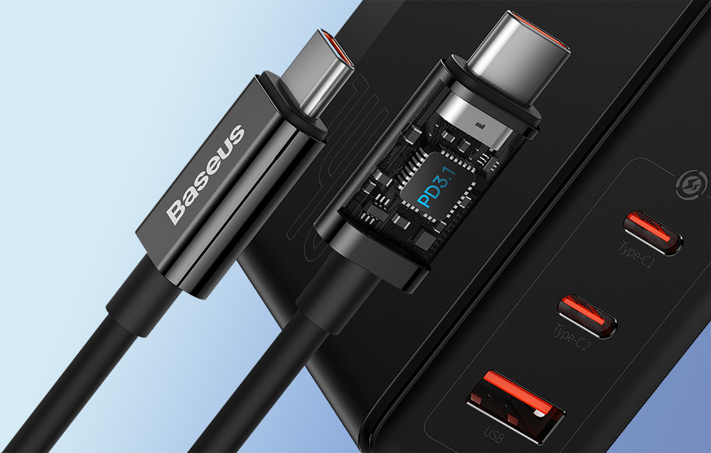 Baseus GaN5 Pro 140W Wandoplader met USB-C Oplaadkabel - 2xUSB-C, USB-A - Zwart